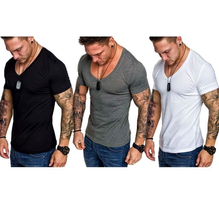 Pack de 3 camisetas para hombre - FONDUPIN - Camiseta de manga corta con cuello en V - Negro, blanco, gris oscuro - Corte ajustado