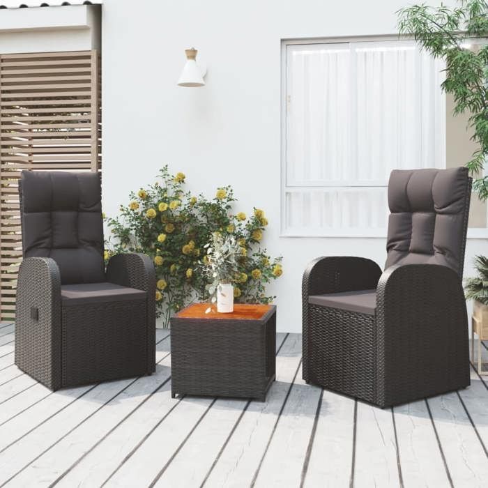 vidaXL 3-teiliges Gartenmöbelset, schwarzes Polyrattan und Akazie, Lounge-Set, Outdoor-Lounge-Set