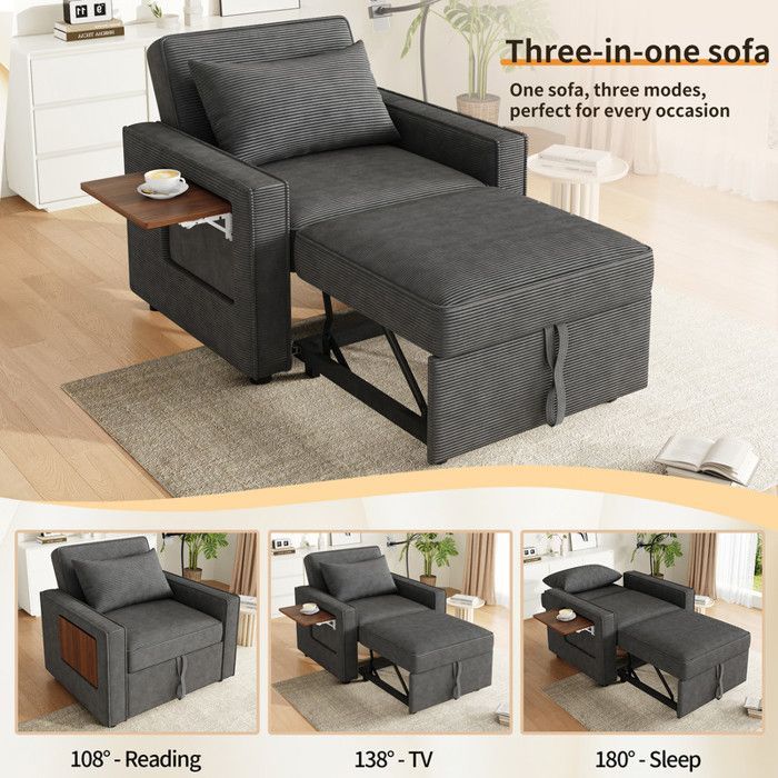 Einzelschlafsofa – USB-Anschluss und Handyhalterung – Liegefunktion – Cord – Grau – 93 x 150 x 85 cm
