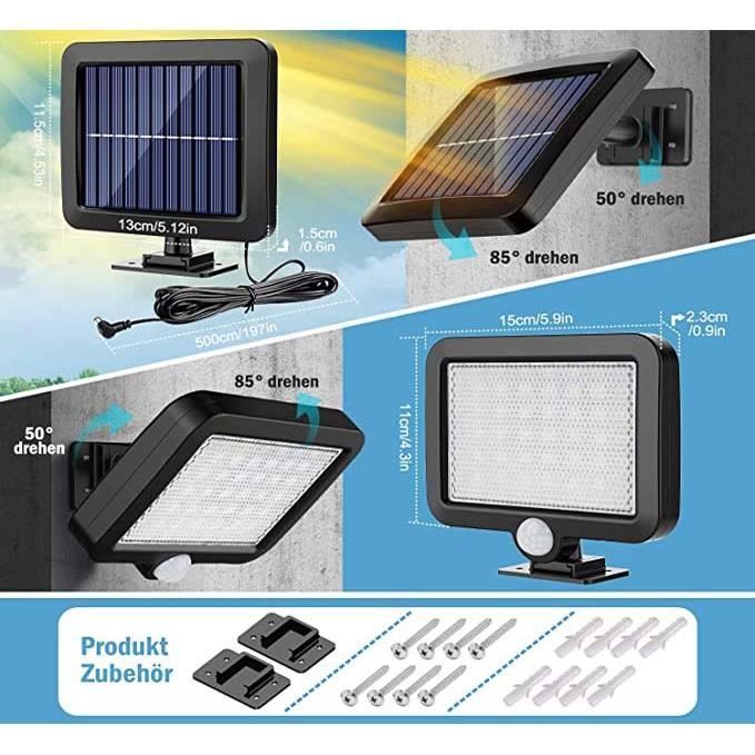 Luminária solar externa com 56 LEDs, sensor de movimento, classificação IP65 de resistência à água e ângulo de iluminação de 120°.