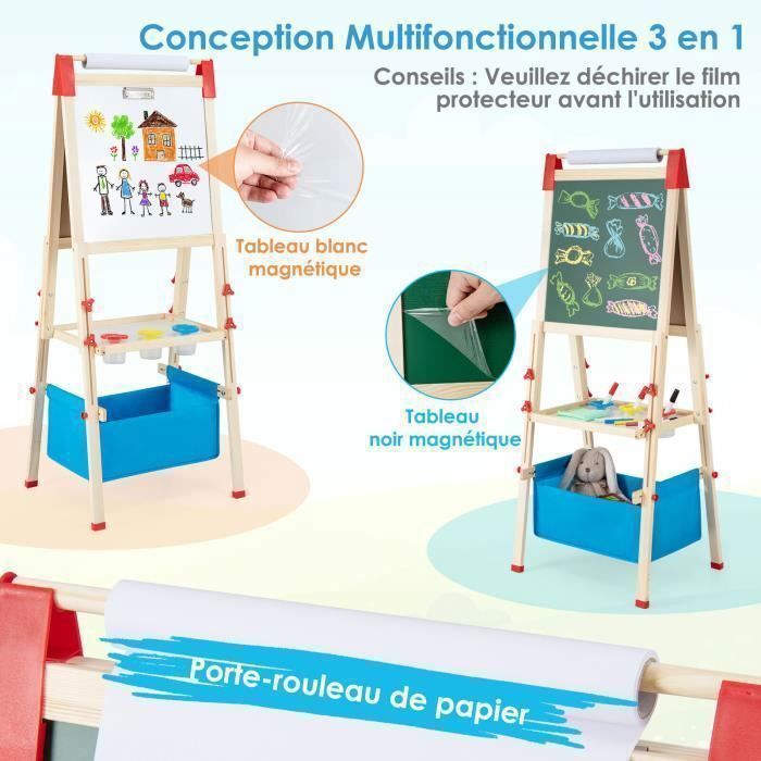 COSTWAY 3-in-1 Kinderschildersezel - 60 accessoires - Dubbelzijdige schildersezel (magnetisch en krijtbord) - Papierrol