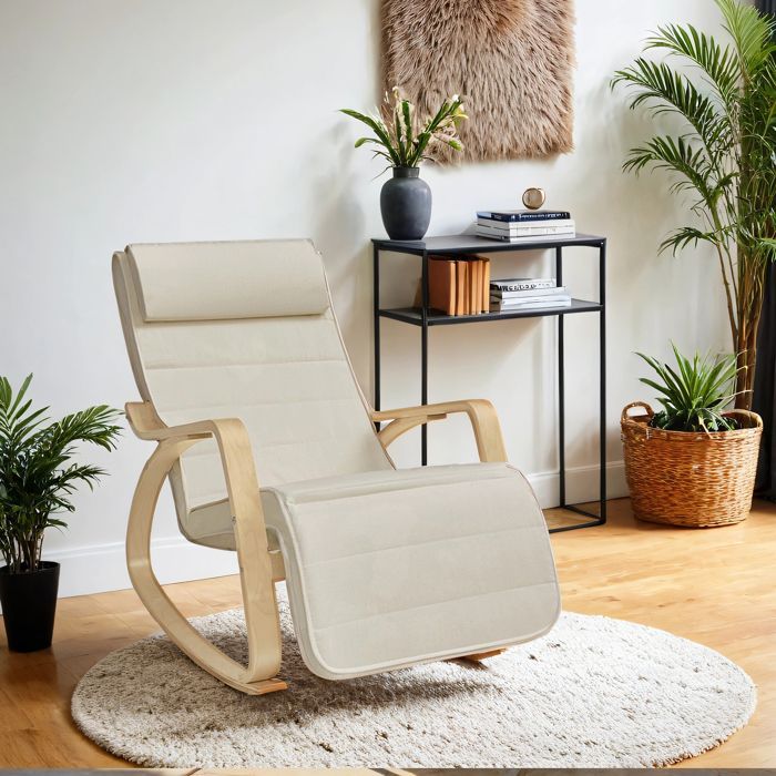 Mecedora con reposapiés, 5 alturas ajustables, reposabrazos de madera, para sala de estar, color beige y natural.