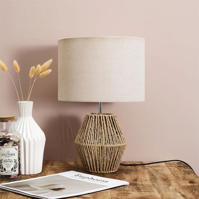 Lámpara de mesa con pantalla de lino y cuerda trenzada natural (40 cm de alto).