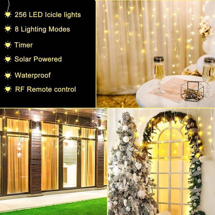 Outdoor Solar Christmas Curtain Lights, 10m 300 LEDs String Lights with Remote Control, 8 Modes, Waterproof, Warm White