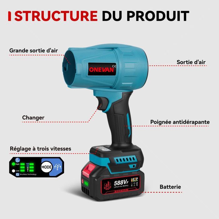Laubbläser - ONEVAN - ONEVAN - 720 W - 33.000 U/min - 2000 mAh Akku