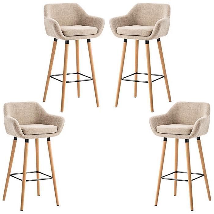 Conjunto de 4 banquetas Keisha em linho bege com pés e apoio para os pés em madeira maciça.