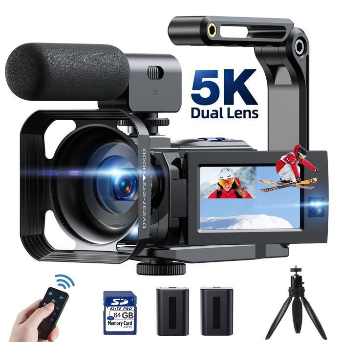 Filmadora UHD 4K+1080P com lente dupla frontal e traseira de 56MP, Wi-Fi e microfone.