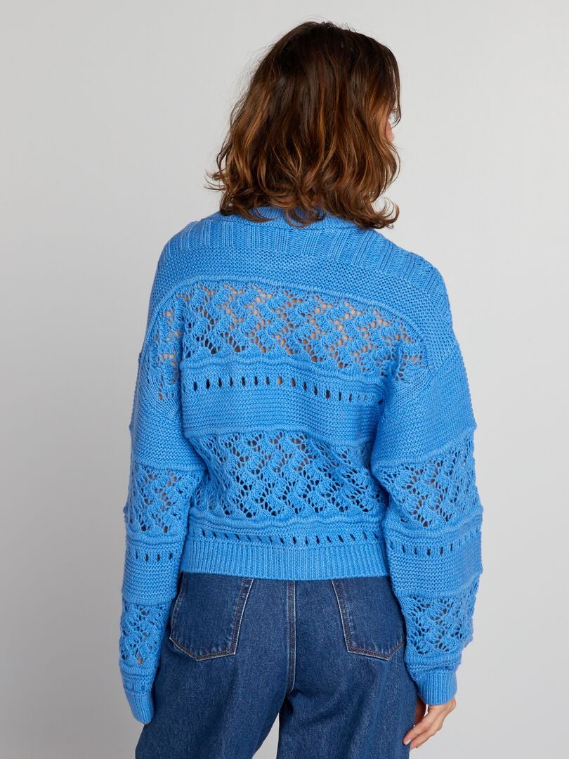 Sweter z ażurową dzianiną - NIEBIESKI
