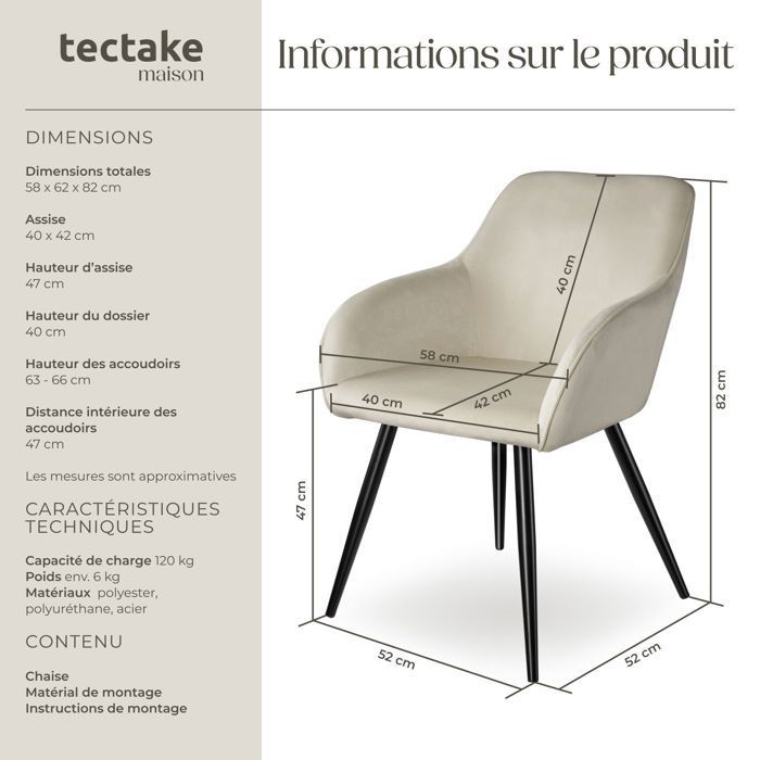 Chaise - TECTAKE - Fauteuil de salle à manger MARYLIN en velours avec pieds en acier noir - Crème/Noir
