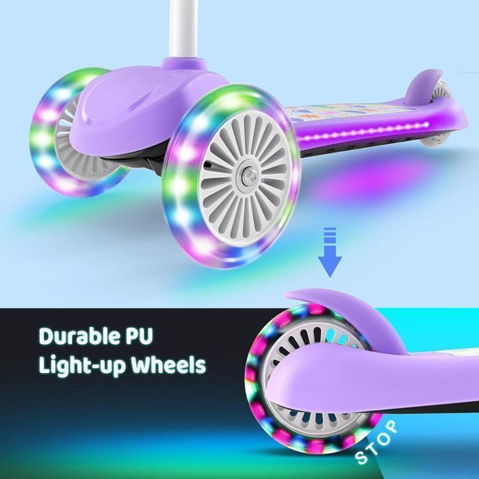 BremToy Barnsparkcykel, med upplyst plattform och PU LED-hjul, 4 justerbara höjdnivåer, responsiv bromsning, lätt, lila