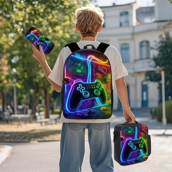 Sac à dos 3 pièces pour Garçon, avec Sac à Lunch et Trousse à Crayons, Ensemble Sac à Dos Gaming Sac à Dos pour Enfant étudiant