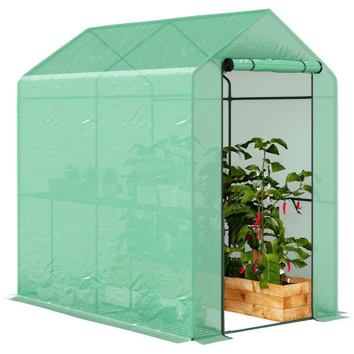 Invernadero de jardín - Outsunny - Estantería de 2 niveles con puerta enrollable con cremallera - Cubierta reforzada de 140 g/m², estructura de acero - Verde