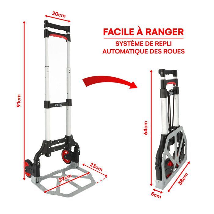 Carrinho de mão dobrável de 70 kg - Alumínio - Plataforma antiderrapante de 39 x 23 cm - Altura de 91 cm - Rodas à prova de furos com sistema de dobragem automática