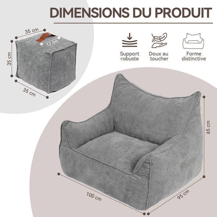 Puf/Sillón de terciopelo con reposapiés - 100 x 95 cm - Sofá, sillón tipo puf, chaise longue - Dormitorio, Gris