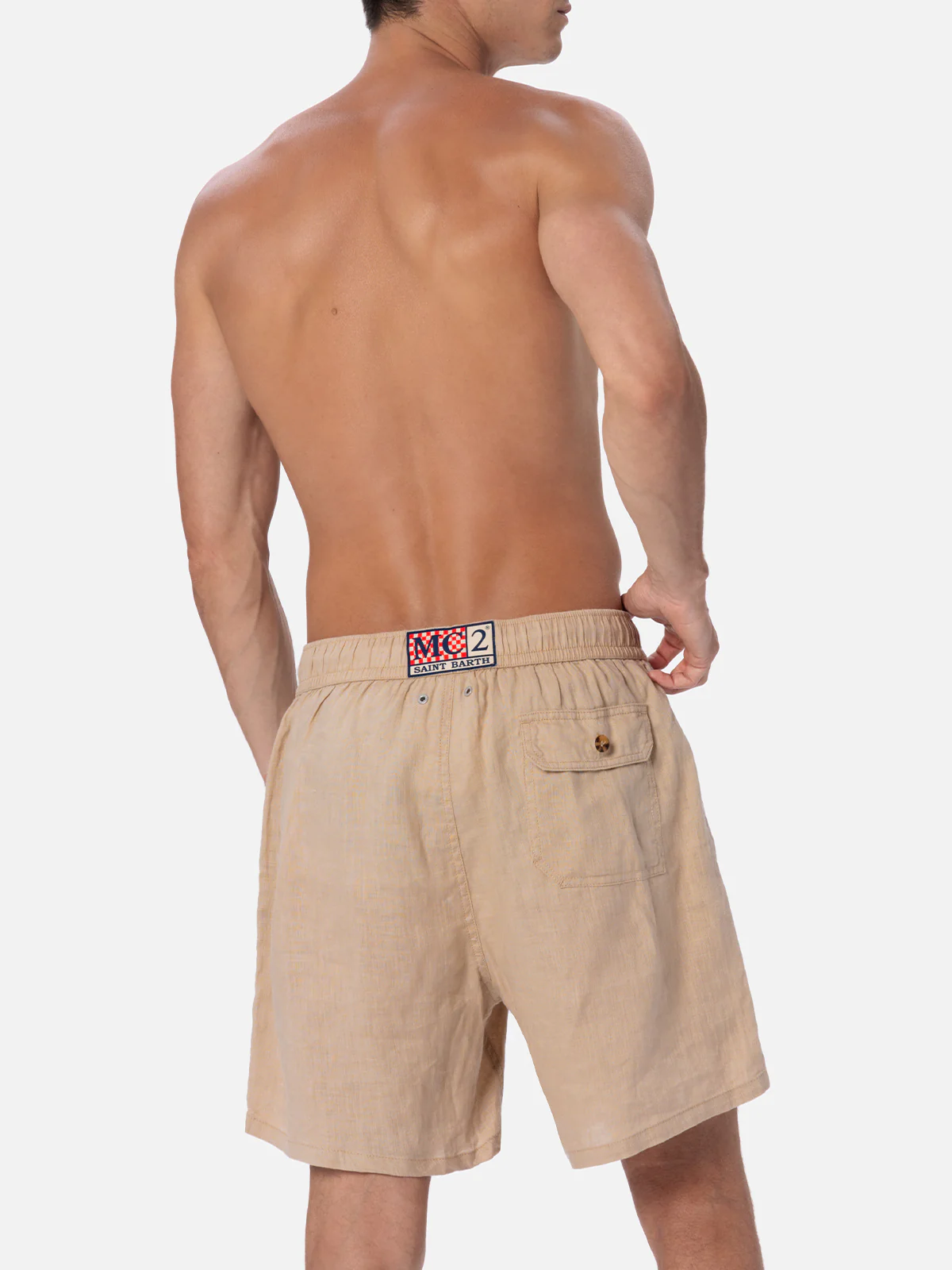 Gustavia herenbadpak van beige linnen, middellang model