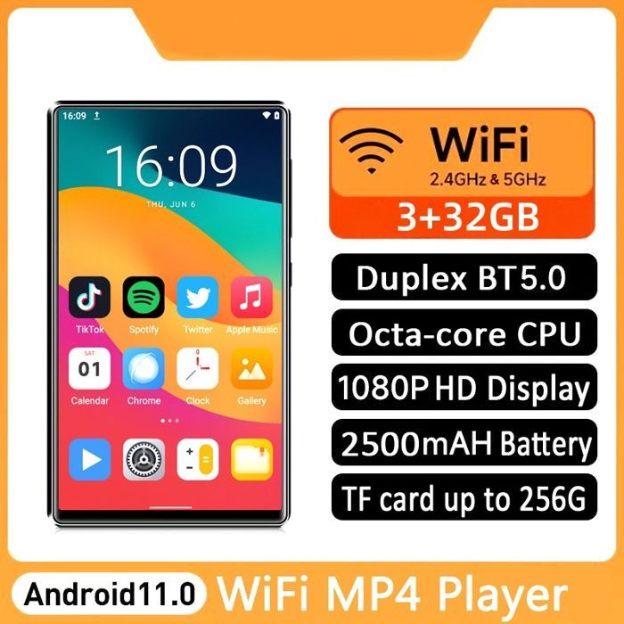 MP4-speler, 3+32 GB, Wi-Fi, Bluetooth, 5-inch HD-scherm, Hi-Fi-geluid, 2500 mAh-batterij, USB-opladen, draagbaar, zwart