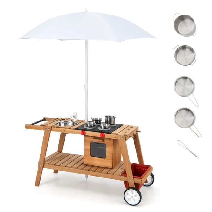 Cocina infantil de madera DREAMADE, carrito rodante para juegos de imitación al aire libre, sombrilla, horno, caja de almacenamiento extraíble, para niños de 3 años en adelante.