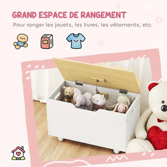 Coffre à jouet enfant - AIYAPLAY - sur roulettes - couvercle rabattable - charnières de sécurité - MDF - 59 x 30 x 53 cm - blanc