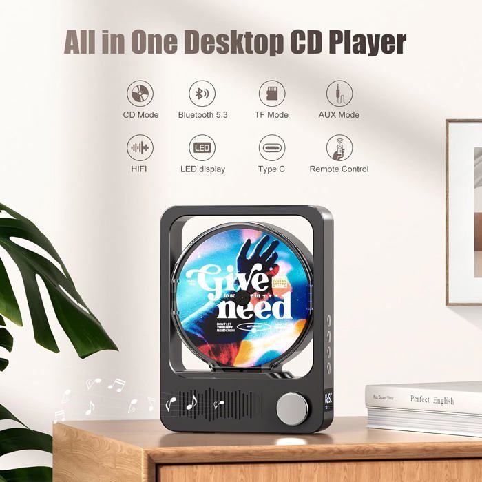 Lecteur Cd Portable, Chaîne Hifi Bluetooth Lecteur Musique Pour Voiture, Télécommande, Écran Lcd, Longue Durée, Compatible Cd