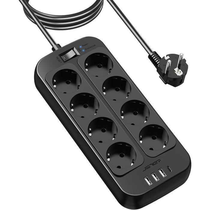 Regleta de 8 tomas con 1 puerto USB-C, 3 puertos USB-A (5V 3.4A/17W), protector contra sobretensiones y protección contra picos de tensión con interruptor y cable de 3 m.