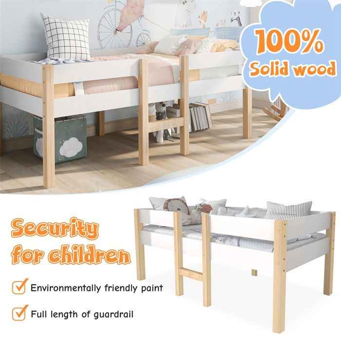 Kinderbed van gemiddelde hoogte, 90x190 cm, van massief wit grenen en eikenhout met valbeveiliging.