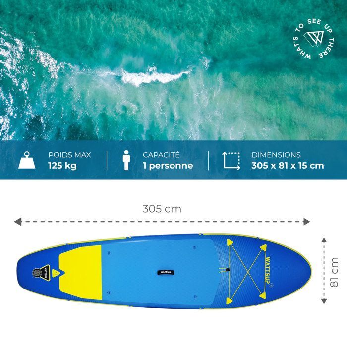 Prancha de SUP inflável - W WATTSUP - F10' - 325x84x15 cm - Carga máxima 145 kg - 2 anos de garantia
