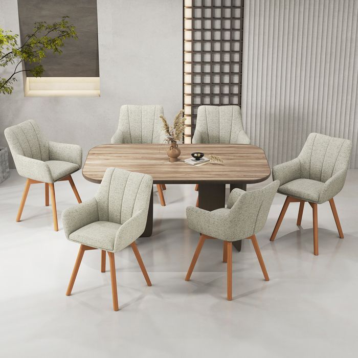 Conjunto de 6 cadeiras de jantar giratórias 360° WAFTING, com apoios de braço e pés de madeira, encosto alto com almofada de lã. Cor cáqui.