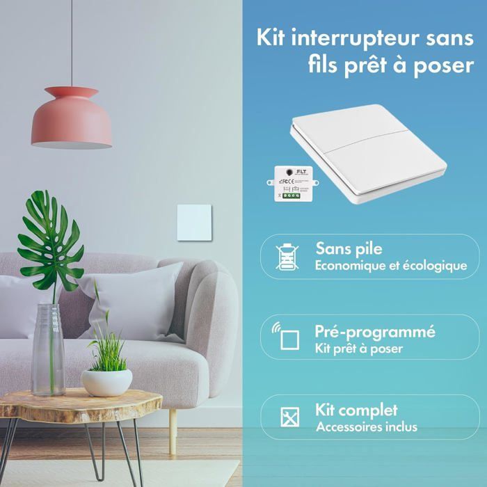 Kit interrupteur va et vient sans fil et sans pile radio -  Prêt à poser - 4 boutons double allumage + 2 récepteurs radios
