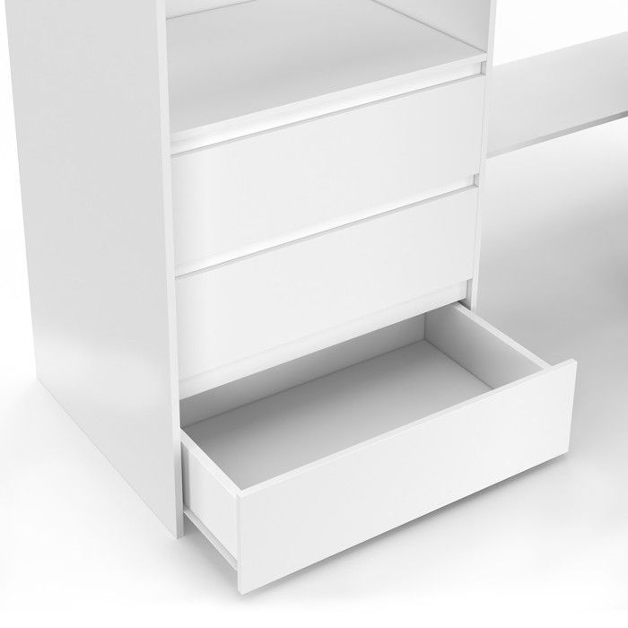 IDMARKET Dressing extensible d'angle MARLON 200 x 150 x 180 cm blanc avec penderies + tiroirs + étagères + rideaux gris