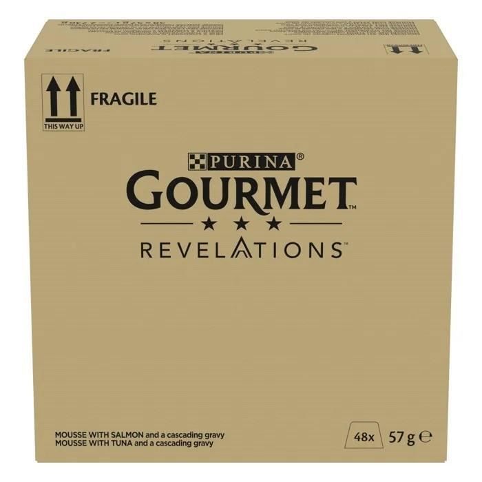 GOURMET REVELATIONS Mousseline de atún y salmón con salsa - 48 x 57 g - Raciones de comida para gatos adultos