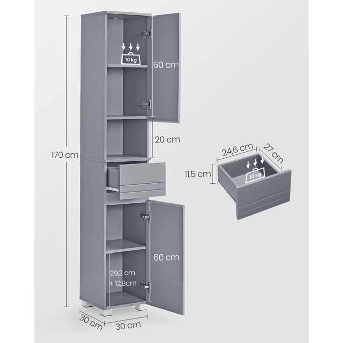 VASAGLE Badkamerkast, Hoge kast met lade, Verstelbare planken, Vakken, 30 x 30 x 170 cm, Grijs