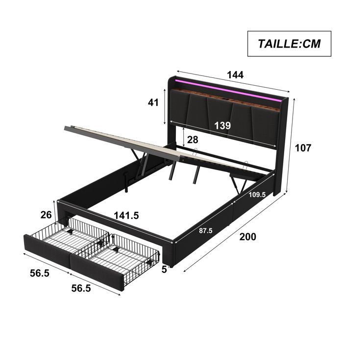 Cama de 140x190 cm - COZY - LED - USB - tela de lino - estructura de cama doble de 140x190 cm - gris antracita