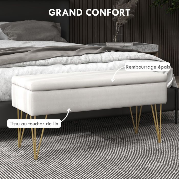 Panca da letto - HOMCOM - Panca contenitore 2 in 1 con gambe a forcina in acciaio dorato - lino - 100x40x49cm - crema