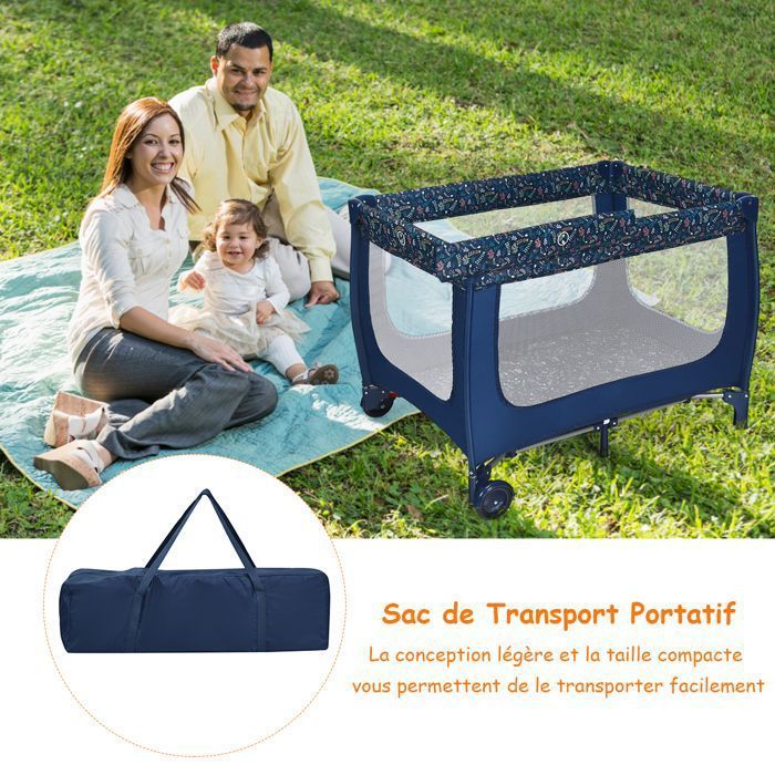 Cuna de bebé 3 en 1 COSTWAY, apta desde el nacimiento hasta los 3 años, con colchón y bolsa de transporte - Fácil plegado - 2 ruedas - 15 kg - 125 x 65 x 76 cm - Azul