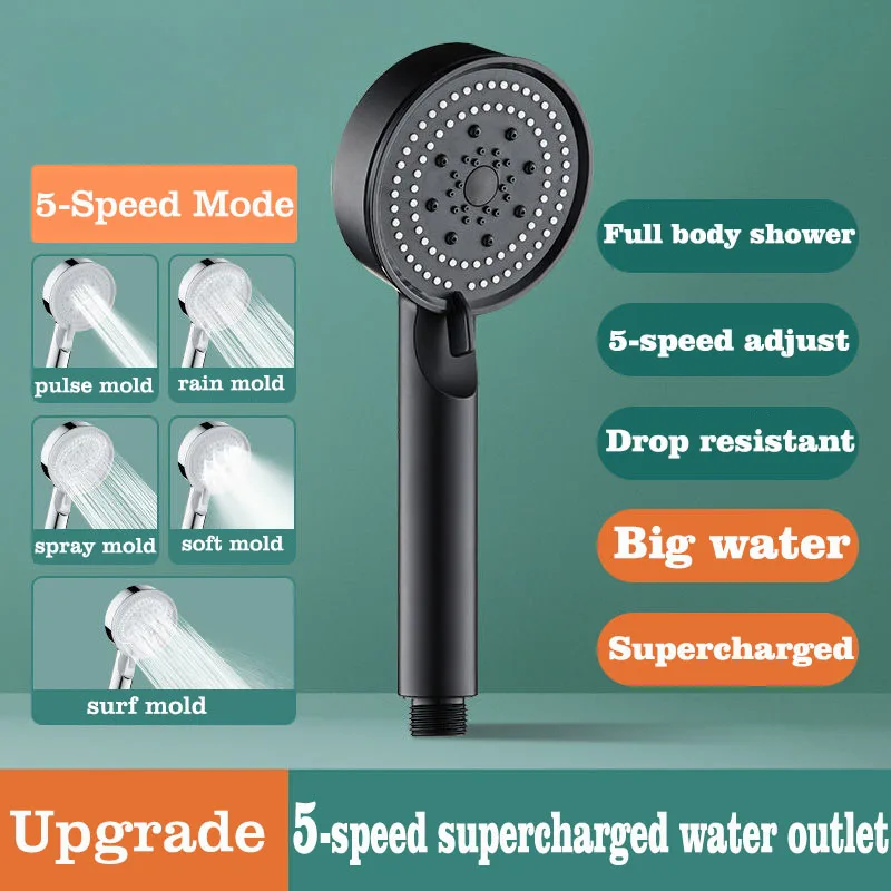 Pommeau de douche haute pression 5 jets réglables avec flexible, économie d'eau, arrêt automatique du jet, accessoires de salle de bain
