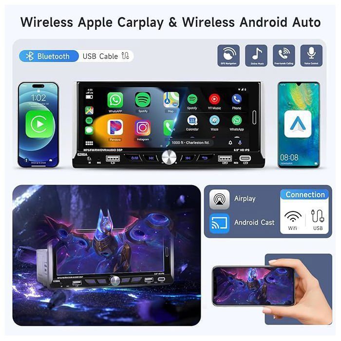 Autorradio Android de 1 DIN con pantalla táctil de 6,9