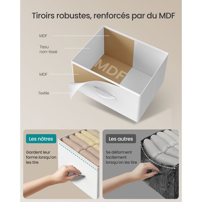 Cómoda SONGMICS de 6 cajones, mueble de almacenamiento para dormitorio, acero, panel de MDF, tela no tejida, blanco nube y blanco nieve.