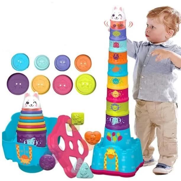 Montessori Stacking Cubes Toy - 8 Colorful Cups - Animals - Non-toxic ABS