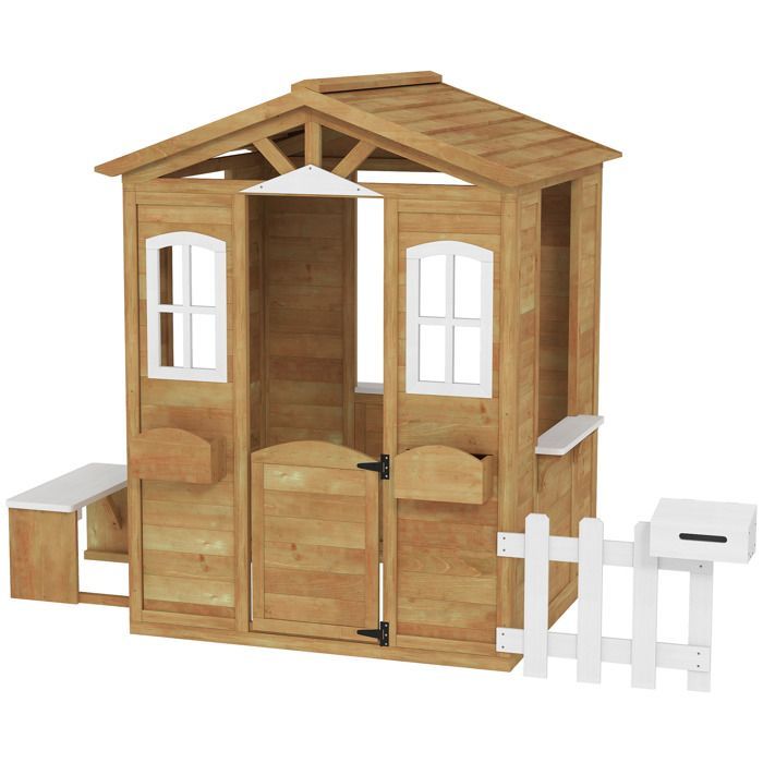 Kinderspeelhuisje, houten tuinhuisje met deur en ramen, bankje, brievenbus, hek, voor kinderen van 3 tot 6 jaar.