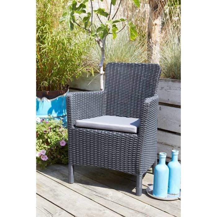 Sillón de jardín - Allibert de KETER - IOWA - en resina que imita el ratán tejido, gris grafito, con cojín