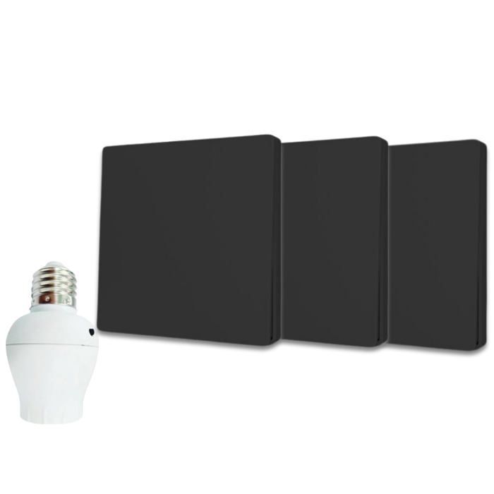 Kit interrupteur va-et-vient sans fil et sans pile prêt à poser - 3 boutons poussoirs NOIR + 1 douille à vis récepteur radio