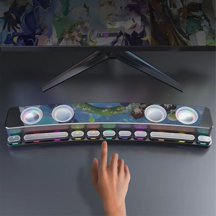 Barra de sonido DAM SH39 Bluetooth 5.4 con botones mecánicos, pantalla e iluminación RGB. Batería de 3600 mAh. Para juegos y cine en casa. Color negro.