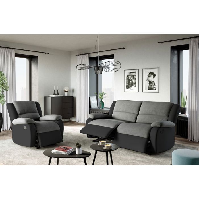 Sofá LEO de 3 plazas reclinable manualmente con 2 asientos extragrandes en microfibra y piel sintética - Negro/Gris - 193 x 93 x 96 cm - LOUNGITUDE