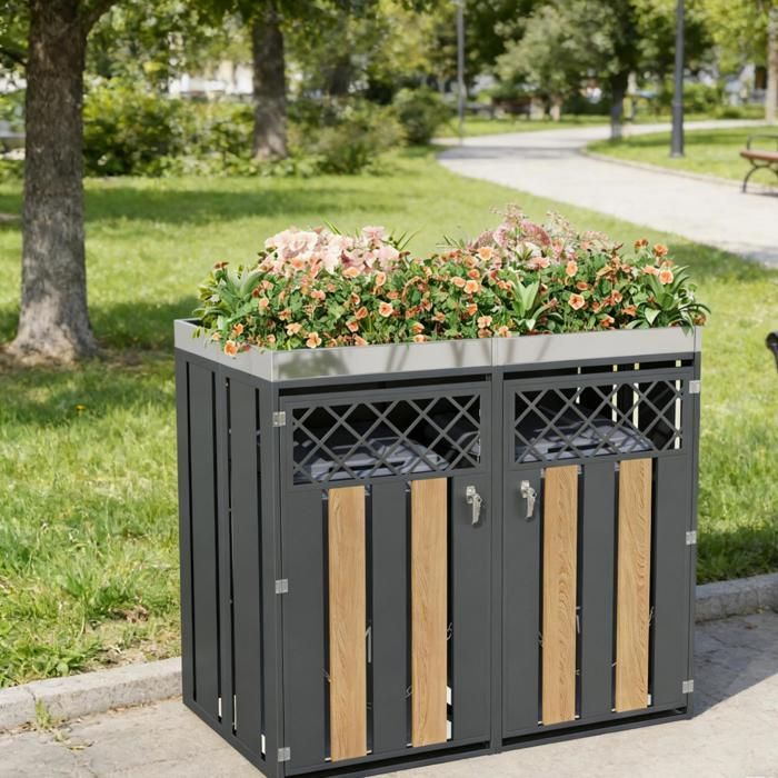 HOMVRA Abri pour Poubelle, Cache-Poubelles 2 Compartiments avec Jardinière Intégrée, Portes Ventilées Losange, Acier, Gris
