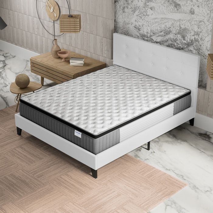 Set letto e materasso (140x190 cm) - Elekctra 30 cm con molle insacchettate e memory foam + rete a doghe e testiera in tessuto bianco