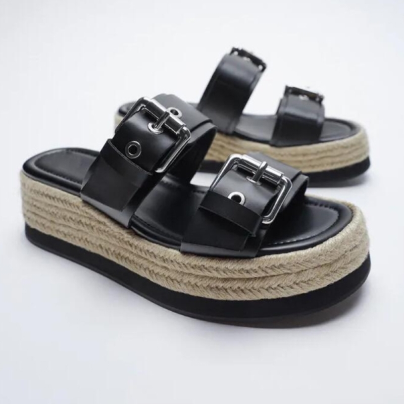 Sandalias de plataforma con cuña de cuero genuino negro para mujer, estilo casual de verano con hebilla de cinturón, alpargatas de tacón alto, modelo 2022.