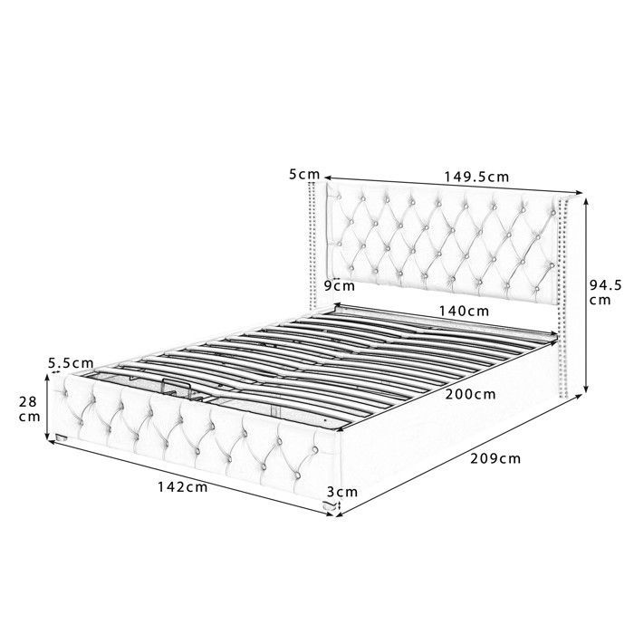 Letto contenitore - TKOPY - Letto matrimoniale per adulti 140x200 cm, letto imbottito con rete a doghe e vano contenitore, velluto beige