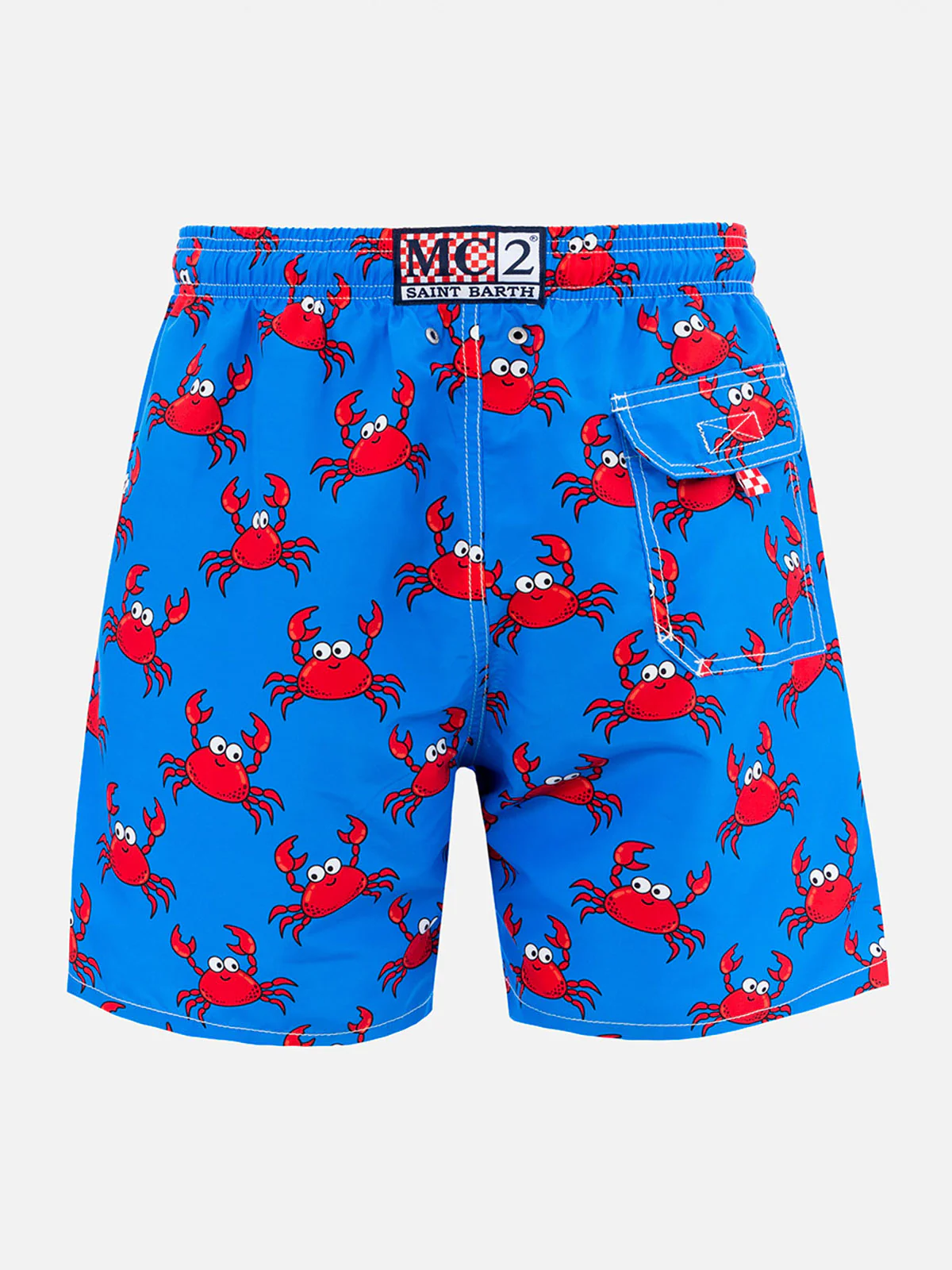 Heren Gustavia Mid-Length zwembroek met rode krabbenprint | Blauw & wit | Elastisch en verstelbaar | Zak met klittenbandsluiting aan de achterkant | MC2 Saint Barth