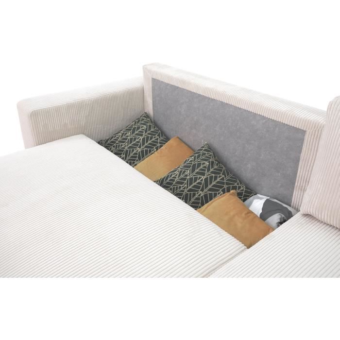 Sofá cama esquinero reversible PHARELL de 3-4 plazas - Pana beige - Compartimento de almacenamiento - Ancho 230 x Profundidad 155 x Alto 95 cm