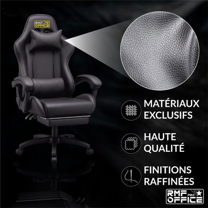 Ergonomic gaming chair with footrest | Adjustable reclining gaming chair – Long-lasting comfort, black